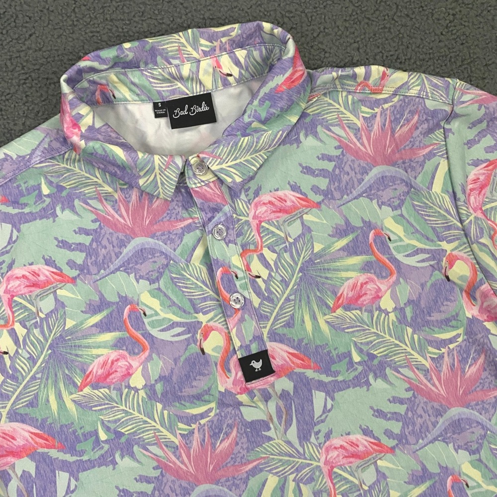 Bad Birdie Polo Shirt Men Small Purple Flamingo Tropical Golf Summer Performance